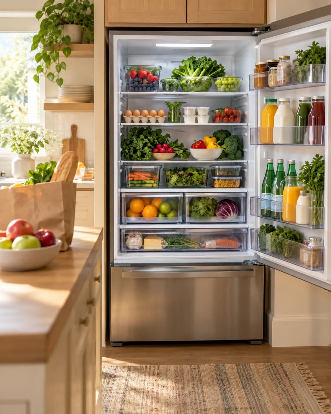 An open refrigerator stocked with fresh groceries in a bright vacation-home kitchen